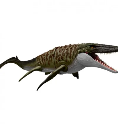 Mosasaurus Mordedor con Dilofosaurio – Jurassic World Rebirth - Mattel Figura articulada de dinosaurio marino con acción de mordida y minifigura incluida