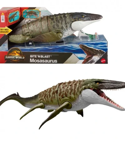 Mosasaurus Mordedor con Dilofosaurio – Jurassic World Rebirth - Mattel Figura articulada de dinosaurio marino con acción de mordida y minifigura incluida