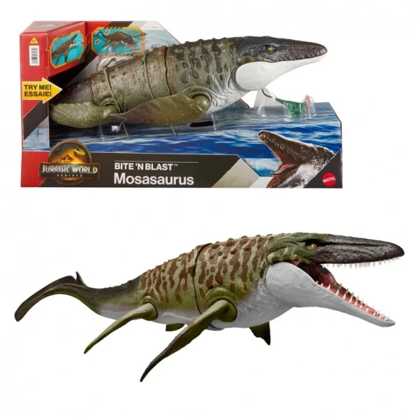 Mosasaurus Mordedor con Dilofosaurio – Jurassic World Rebirth - Mattel Figura articulada de dinosaurio marino con acción de mordida y minifigura incluida