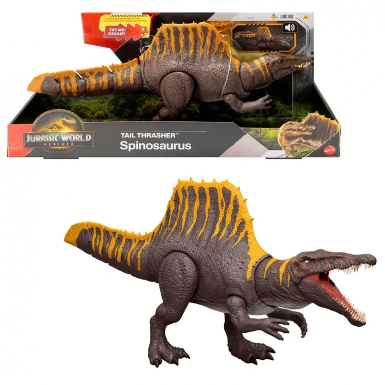 Spinosaurus Cola Destructora – Jurassic World - Mattel Figura de dinosaurio con ataque dual, sonidos y acceso a realidad aumentada