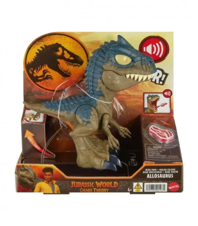 Allosaurus Mega Rugido – Jurassic World: Chomp - Mattel Figura articulada con rugidos dinámicos, mandíbula extensible y accesorio interactivo